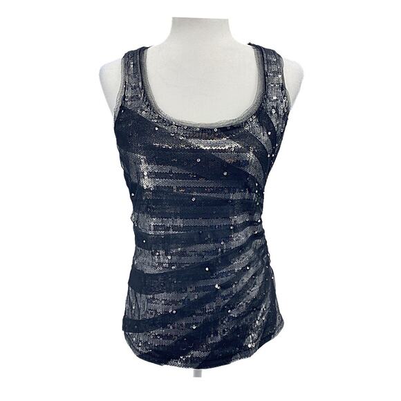 White House Black Market Tops - WHBM Black Silver Sequin Tank Women Party Top Stretch Scoop Neck